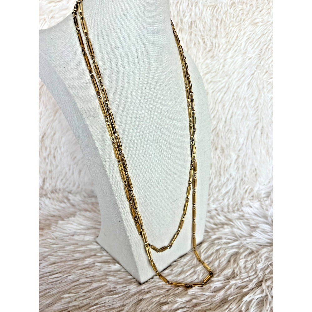Vintage Gold Tone Long Chain Necklace 50" Textured Bar Link Statement Layering